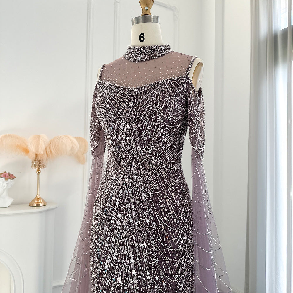 Luxury Sage Green Evening Dress with Cape Sleeves SS205