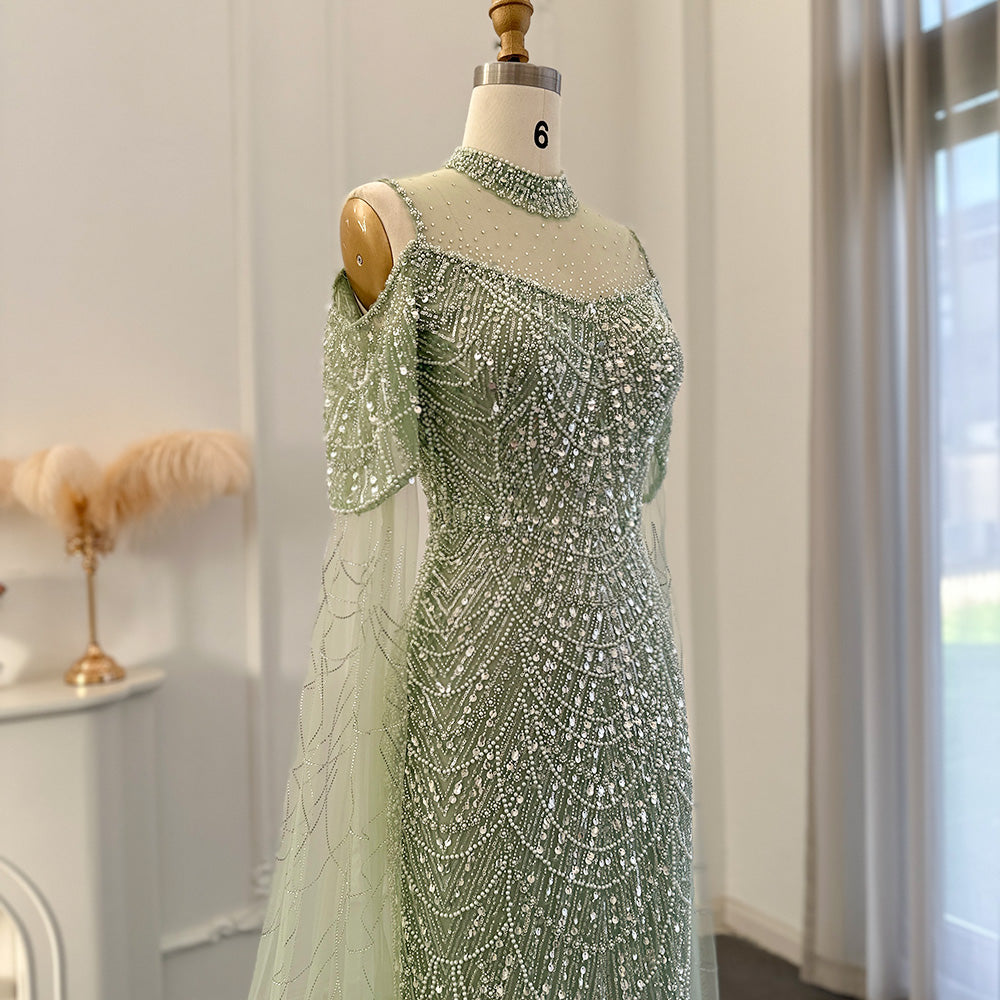 Luxury Sage Green Evening Dress with Cape Sleeves SS205