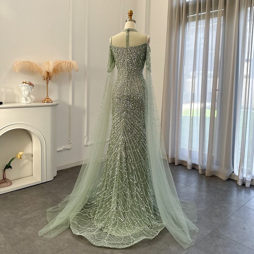 Luxury Sage Green Evening Dress with Cape Sleeves SS205