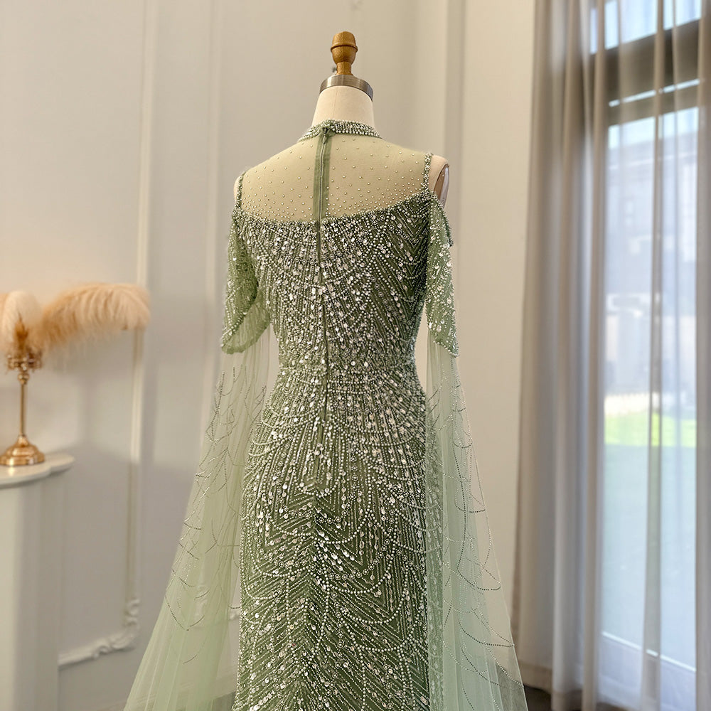 Luxury Sage Green Evening Dress with Cape Sleeves SS205