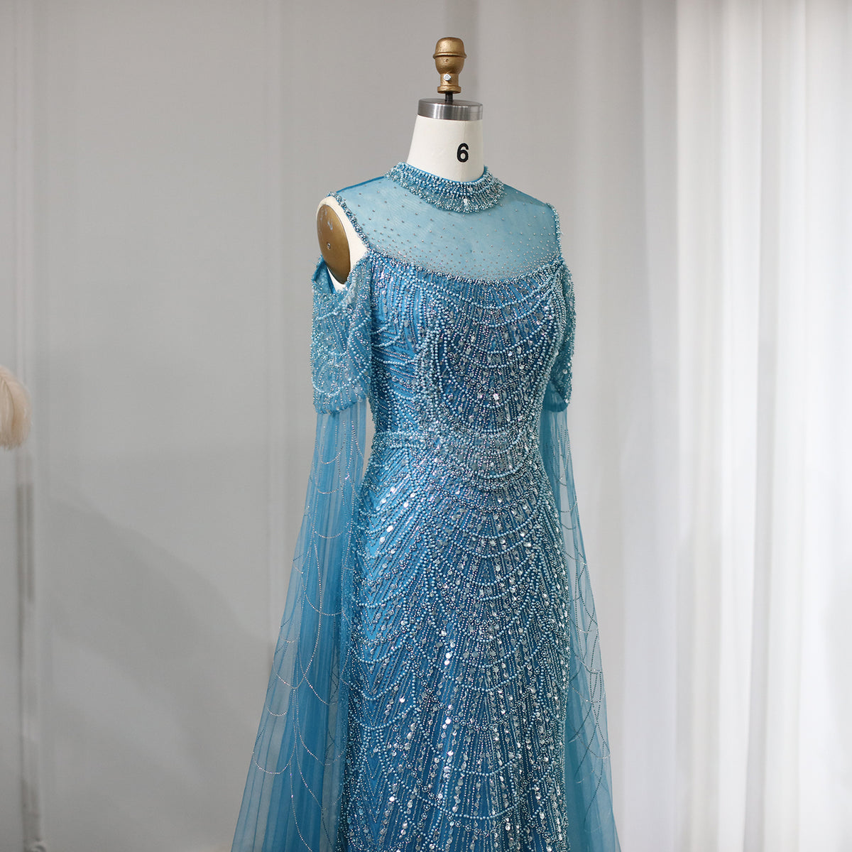 Luxury Sage Green Evening Dress with Cape Sleeves SS205