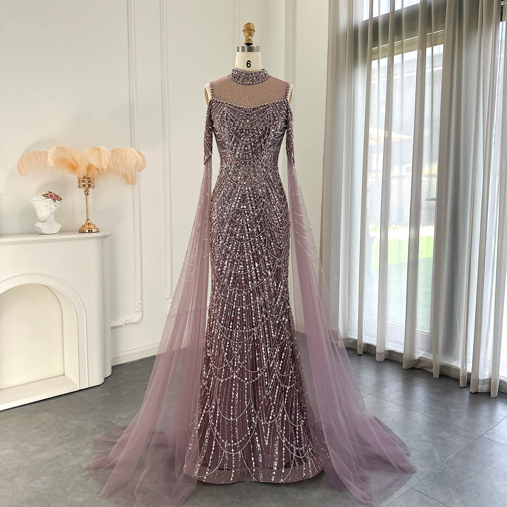 Luxury Sage Green Evening Dress with Cape Sleeves SS205