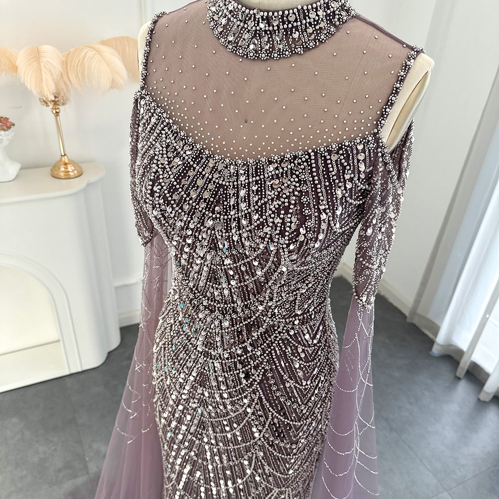 Luxury Sage Green Evening Dress with Cape Sleeves SS205
