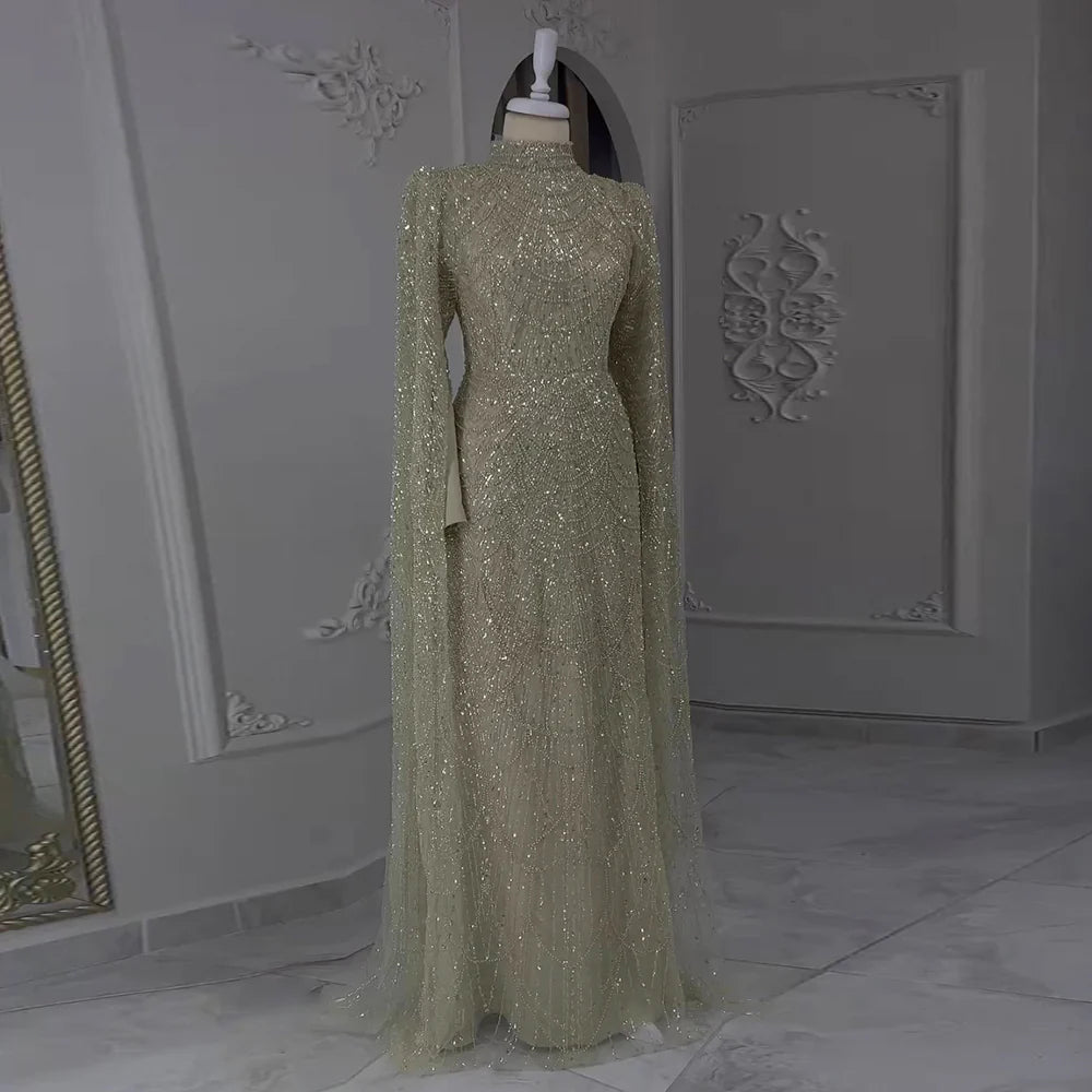 Luxury Sage Green Evening Dress with Cape Sleeves SS260