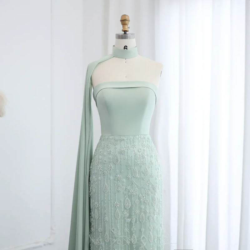 Luxury Sage Green Feathers Evening Dress with Scarf Cape SS014