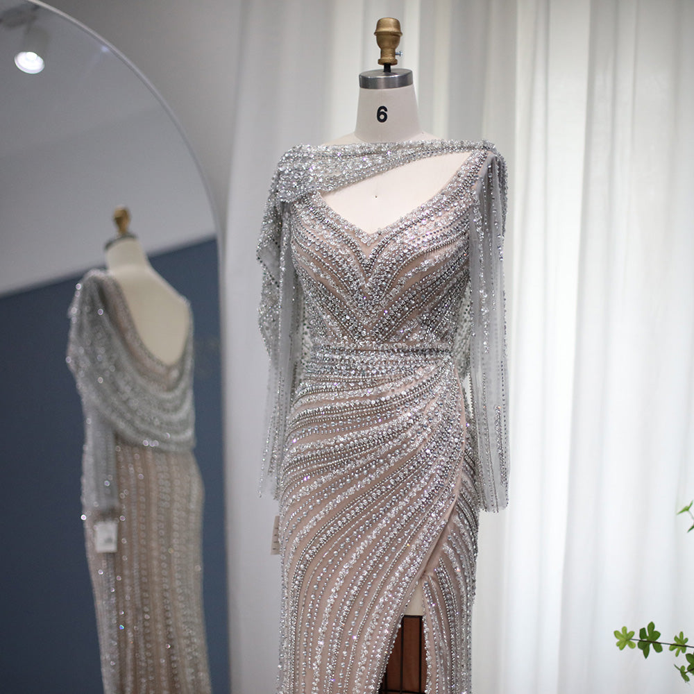 Luxury Silver Mermaid Dubai Evening Dress with Cape Heavy Beaded Slit Prom Dresses for Women Wedding Party SS035
