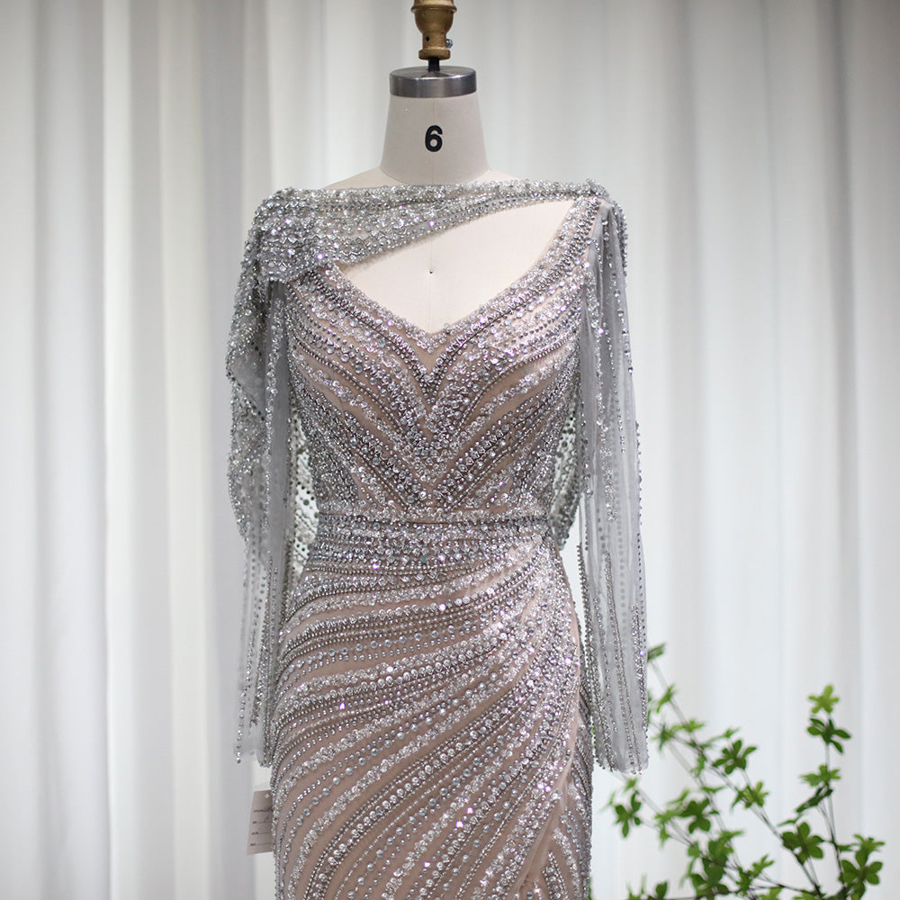 Luxury Silver Mermaid Dubai Evening Dress with Cape Heavy Beaded Slit Prom Dresses for Women Wedding Party SS035