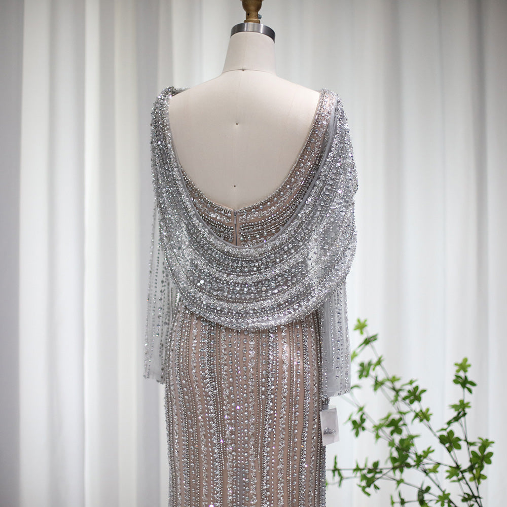 Luxury Silver Mermaid Dubai Evening Dress with Cape Heavy Beaded Slit Prom Dresses for Women Wedding Party SS035