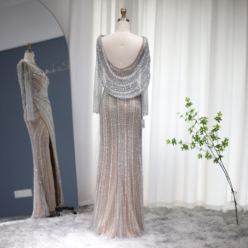 Luxury Silver Mermaid Dubai Evening Dress with Cape Heavy Beaded Slit Prom Dresses for Women Wedding Party SS035
