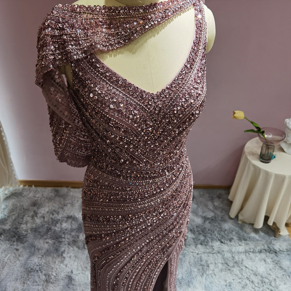 Luxury Silver Mermaid Dubai Evening Dress with Cape Heavy Beaded Slit Prom Dresses for Women Wedding Party SS035