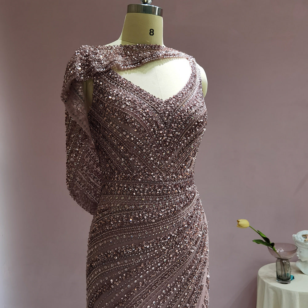 Luxury Silver Mermaid Dubai Evening Dress with Cape Heavy Beaded Slit Prom Dresses for Women Wedding Party SS035