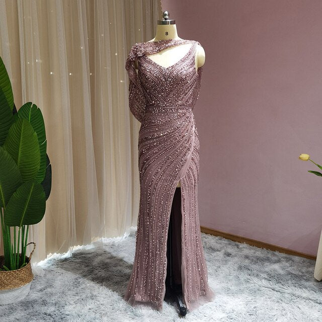 Luxury Silver Mermaid Dubai Evening Dress with Cape Heavy Beaded Slit Prom Dresses for Women Wedding Party SS035