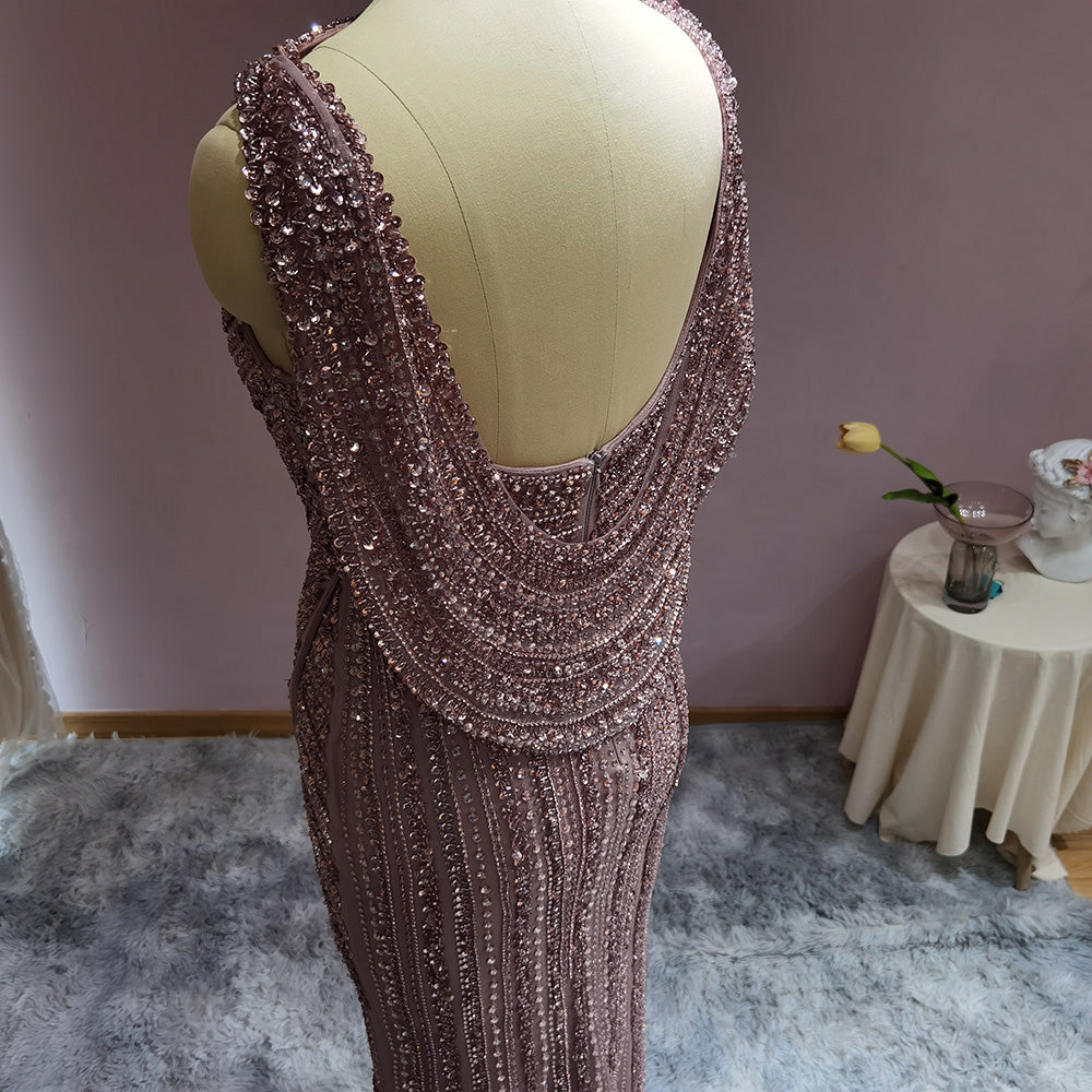 Luxury Silver Mermaid Dubai Evening Dress with Cape Heavy Beaded Slit Prom Dresses for Women Wedding Party SS035