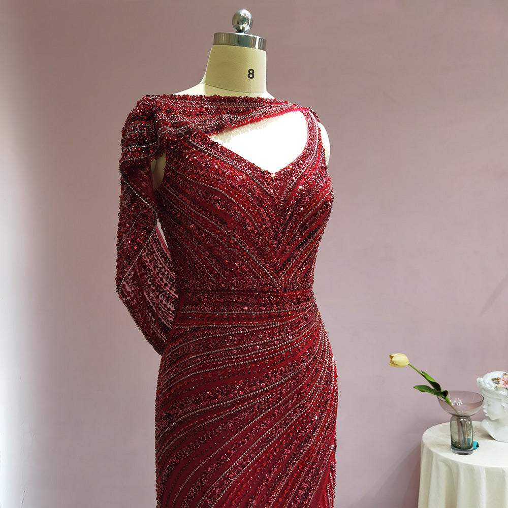 Luxury Silver Mermaid Dubai Evening Dress with Cape Heavy Beaded Slit Prom Dresses for Women Wedding Party SS035