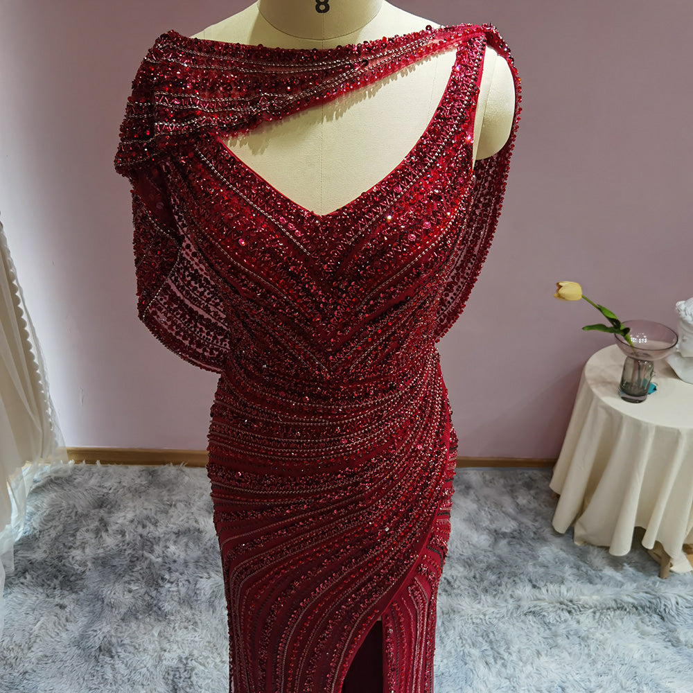 Luxury Silver Mermaid Dubai Evening Dress with Cape Heavy Beaded Slit Prom Dresses for Women Wedding Party SS035