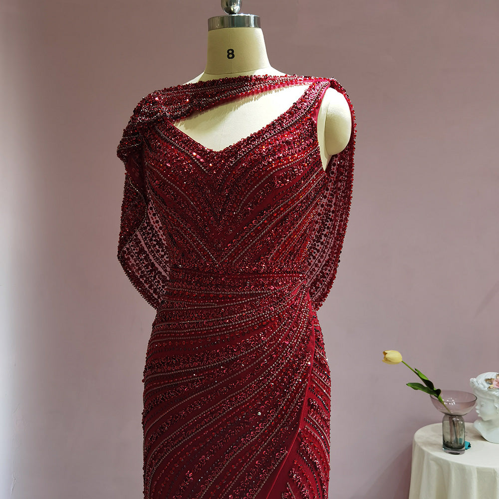 Luxury Silver Mermaid Dubai Evening Dress with Cape Heavy Beaded Slit Prom Dresses for Women Wedding Party SS035