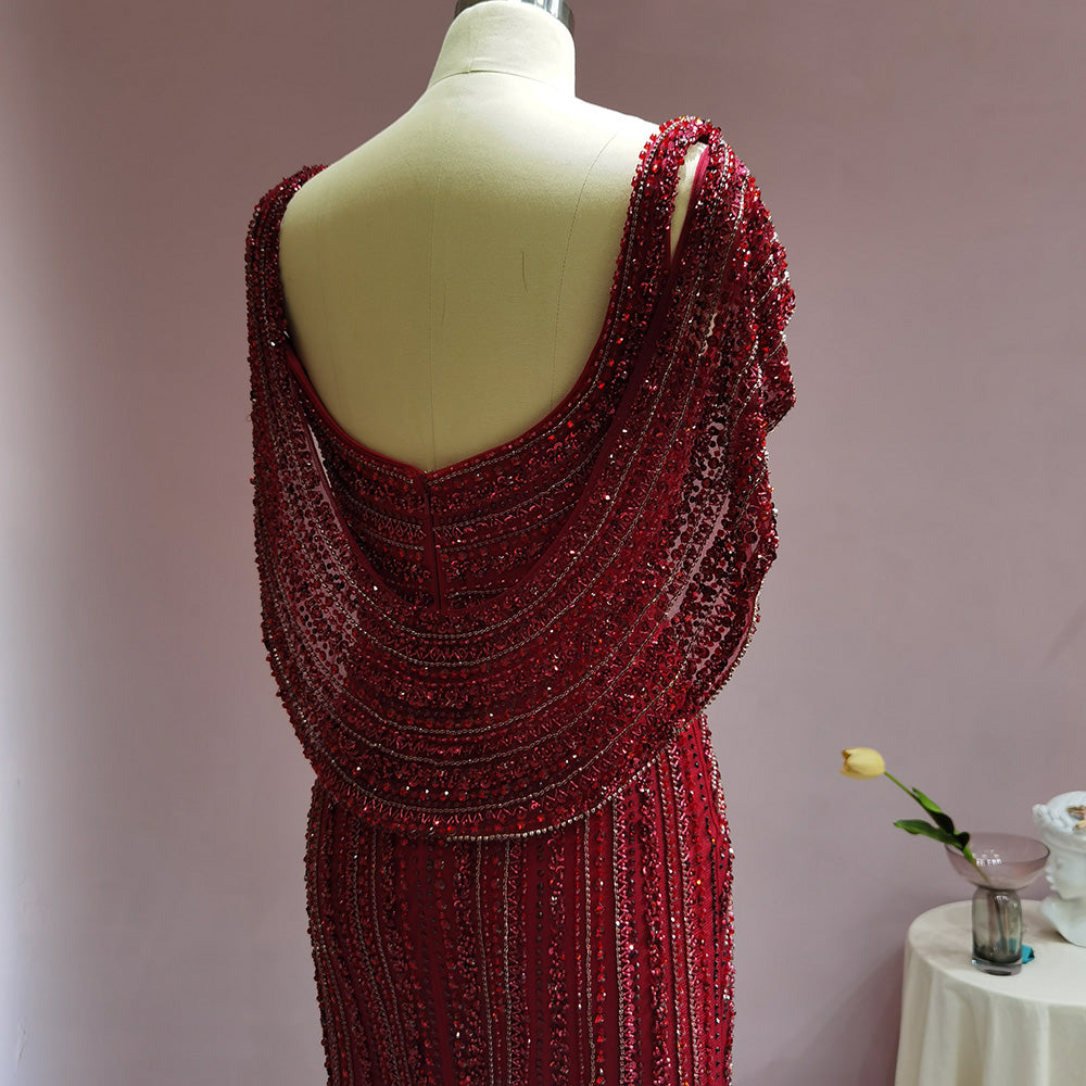 Luxury Silver Mermaid Dubai Evening Dress with Cape Heavy Beaded Slit Prom Dresses for Women Wedding Party SS035