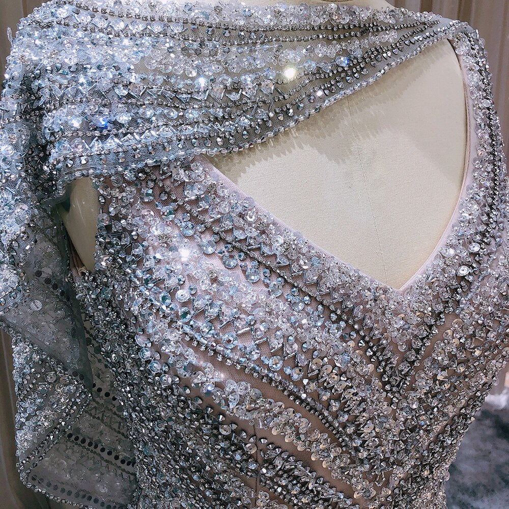 Luxury Silver Mermaid Dubai Evening Dress with Cape Heavy Beaded Slit Prom Dresses for Women Wedding Party SS035