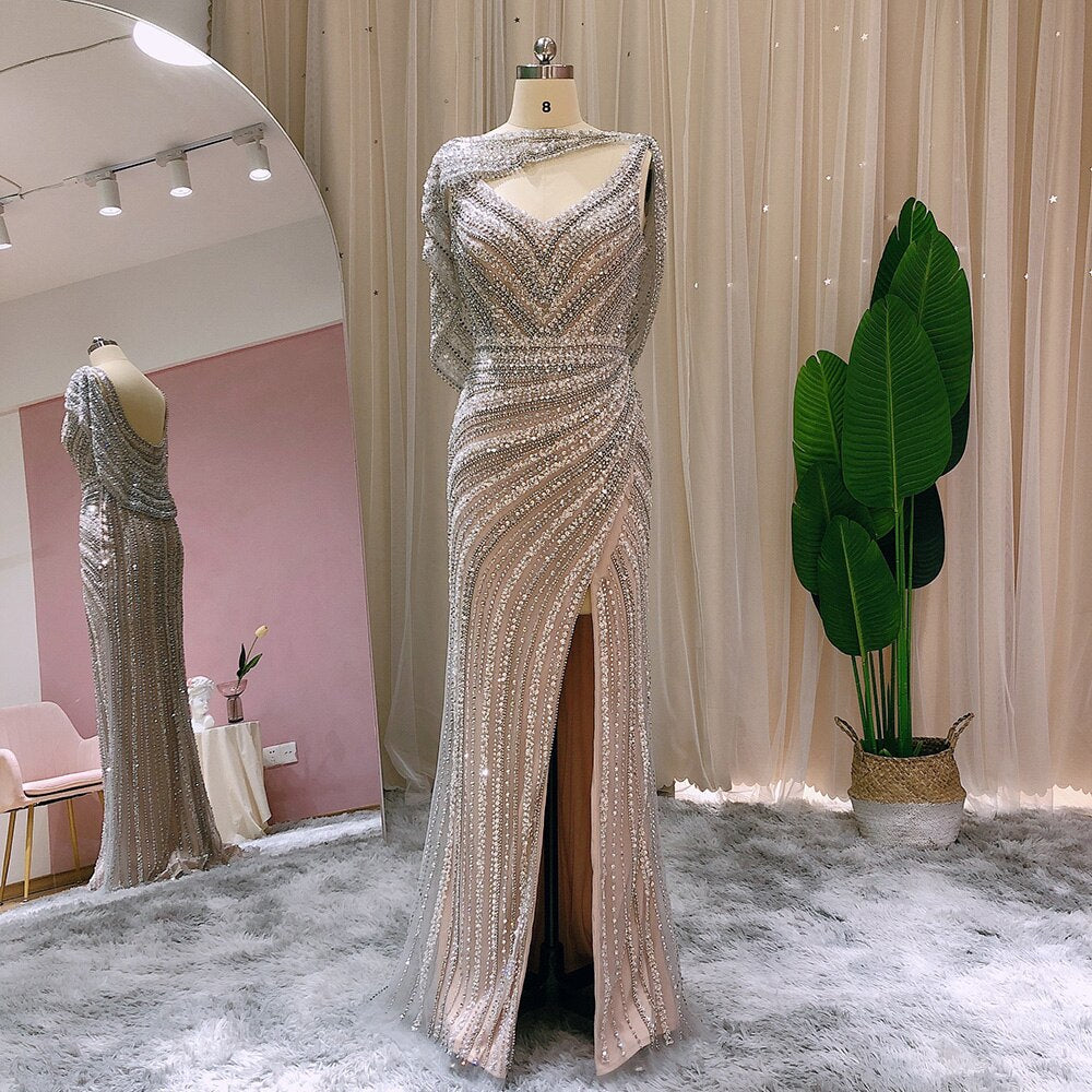 Luxury Silver Mermaid Dubai Evening Dress with Cape Heavy Beaded Slit Prom Dresses for Women Wedding Party SS035