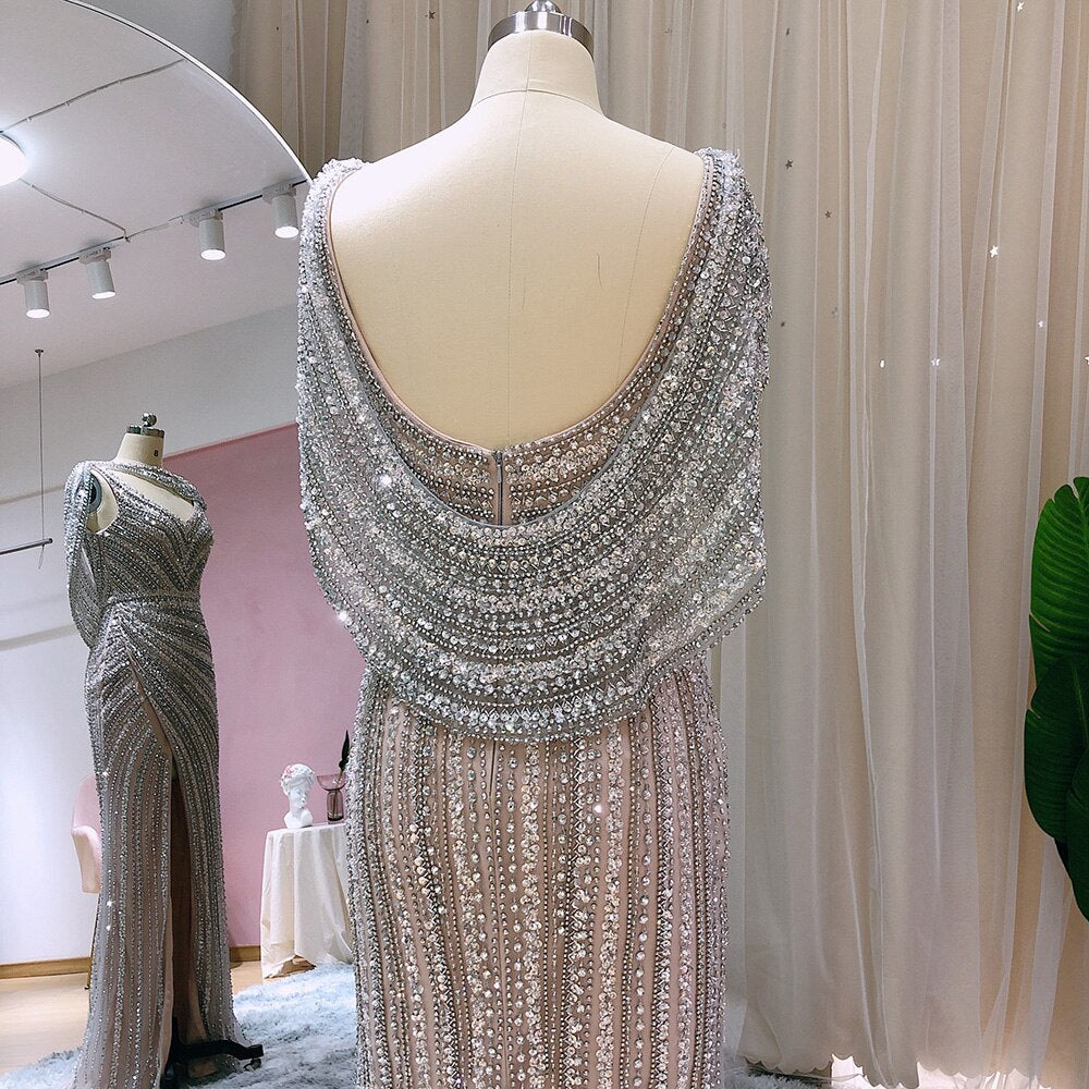 Luxury Silver Mermaid Dubai Evening Dress with Cape Heavy Beaded Slit Prom Dresses for Women Wedding Party SS035