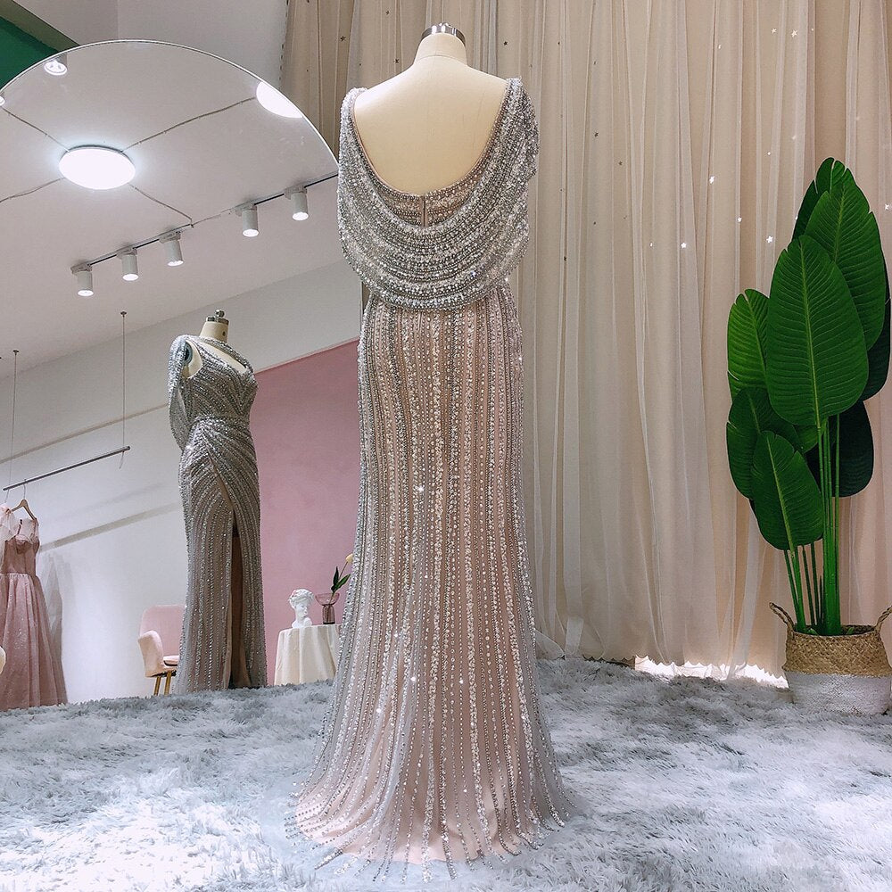 Luxury Silver Mermaid Dubai Evening Dress with Cape Heavy Beaded Slit Prom Dresses for Women Wedding Party SS035