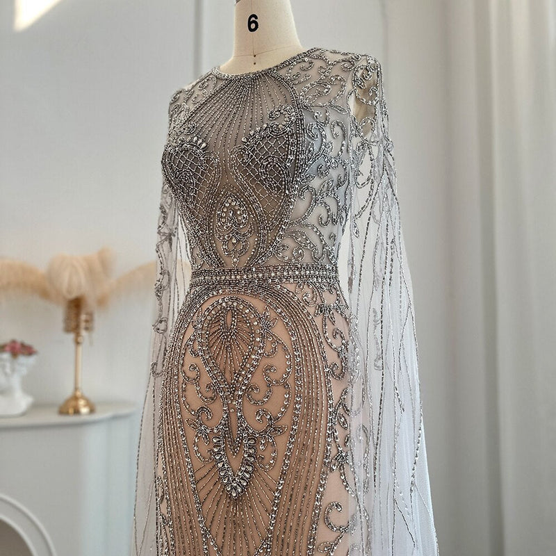 Luxury Silver Nude Dubai Evening Dresses with Cape Sleeves Champagne Muslim Arabic Women Wedding Party Dress SS119