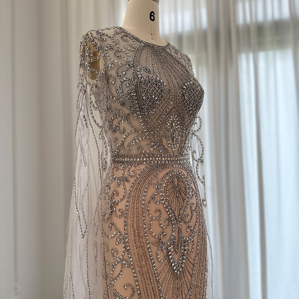 Luxury Silver Nude Dubai Evening Dresses with Cape Sleeves Champagne Muslim Arabic Women Wedding Party Dress SS119