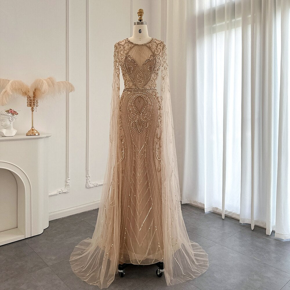 Luxury Silver Nude Dubai Evening Dresses with Cape Sleeves Champagne Muslim Arabic Women Wedding Party Dress SS119