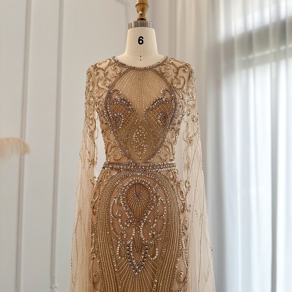 Luxury Silver Nude Dubai Evening Dresses with Cape Sleeves Champagne Muslim Arabic Women Wedding Party Dress SS119