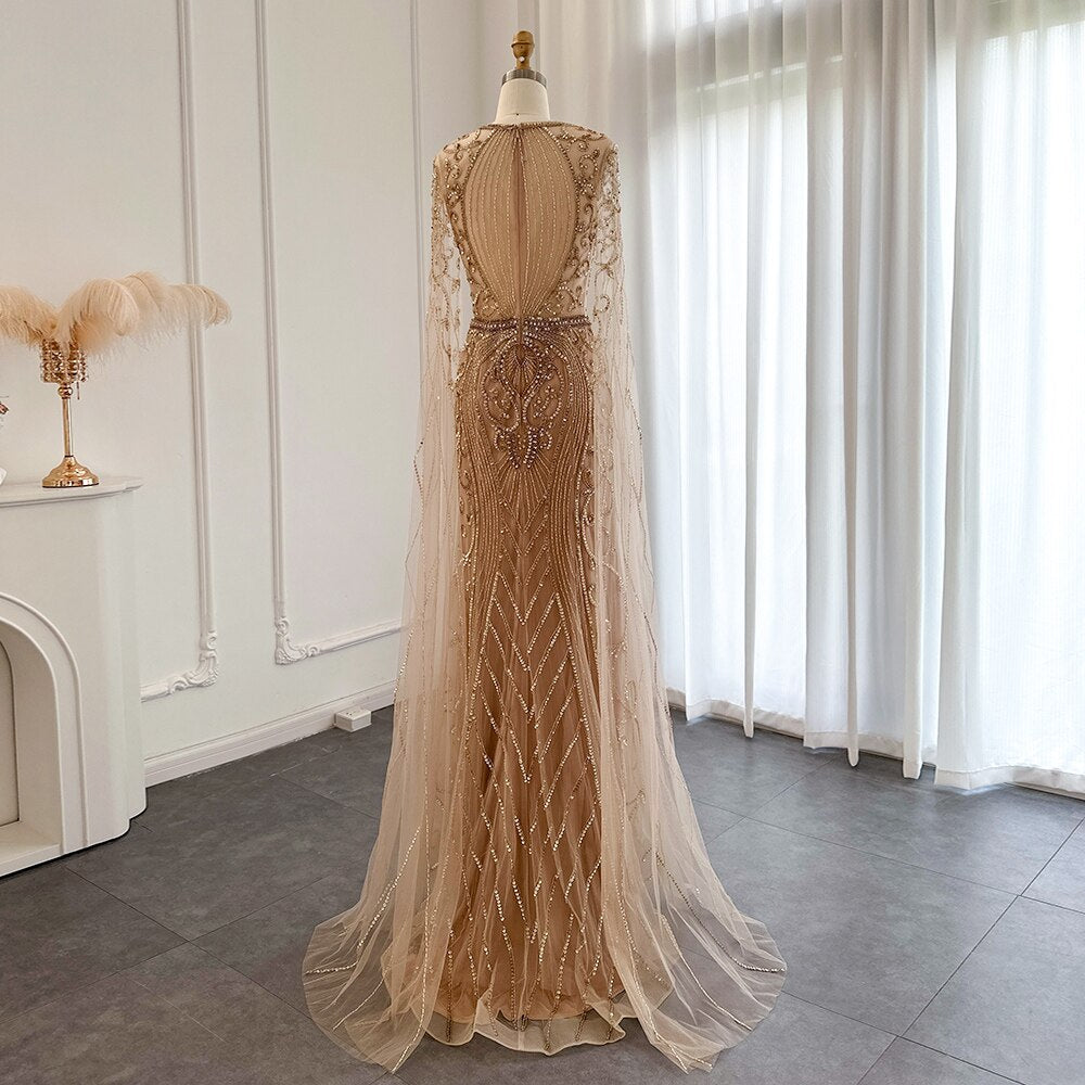 Luxury Silver Nude Dubai Evening Dresses with Cape Sleeves Champagne Muslim Arabic Women Wedding Party Dress SS119