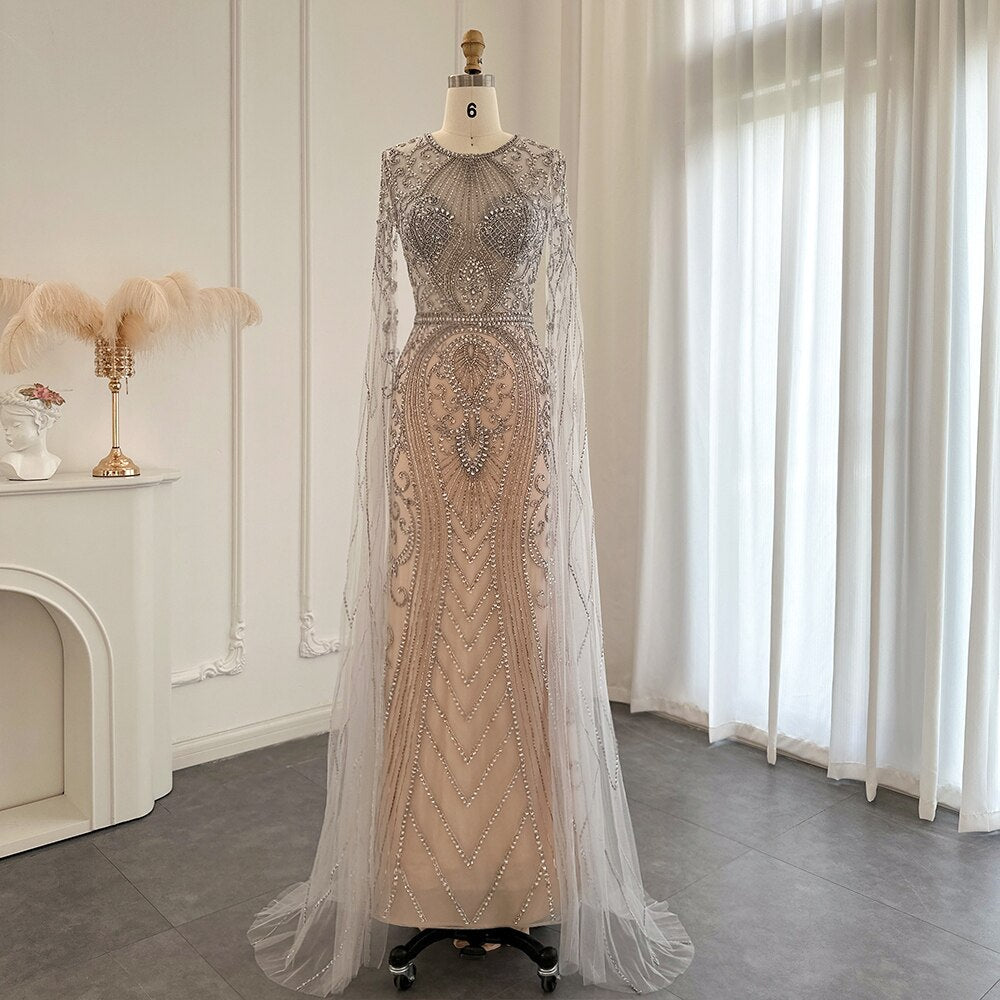 Luxury Silver Nude Dubai Evening Dresses with Cape Sleeves Champagne Muslim Arabic Women Wedding Party Dress SS119