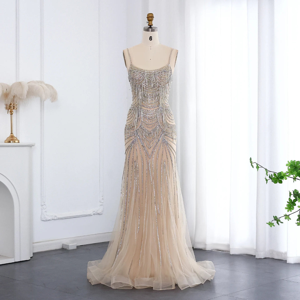 Luxury Tassel Mermaid Evening Dress with Spaghetti Straps SS029