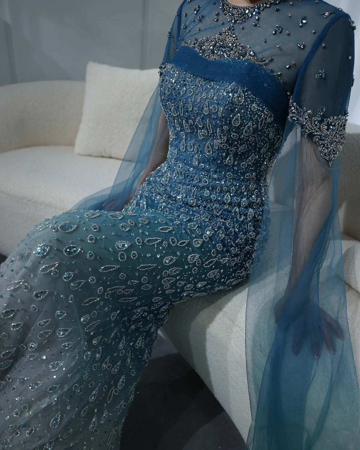 Luxury Turquoise Crystal Evening Dresses with Cape Sleeves SS206