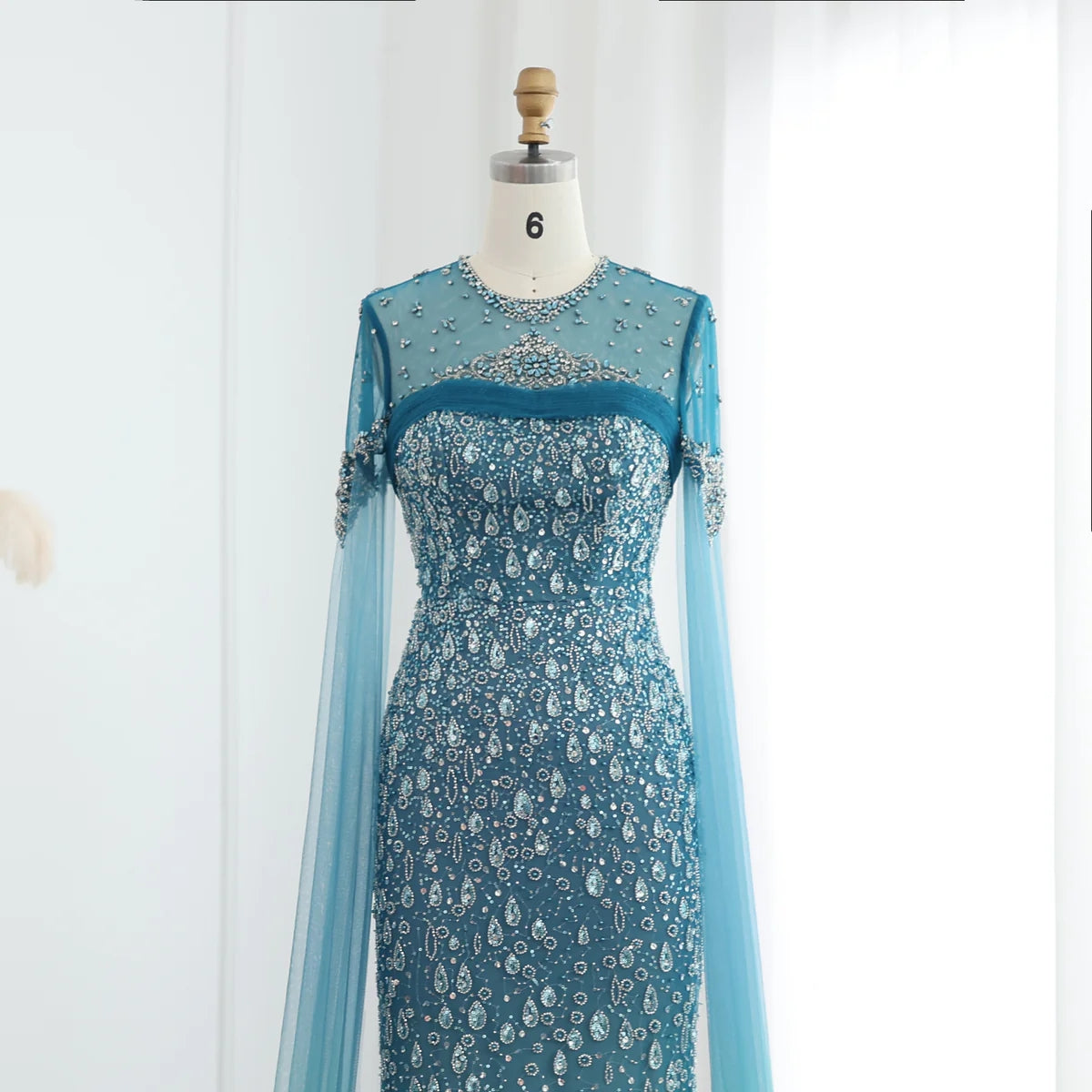 Luxury Turquoise Crystal Evening Dresses with Cape Sleeves SS206