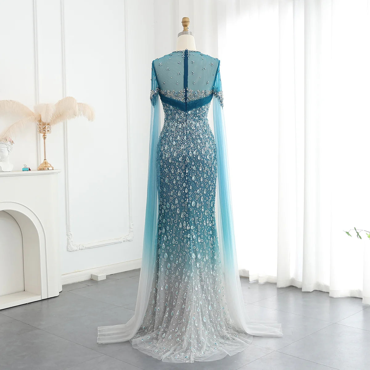 Luxury Turquoise Crystal Evening Dresses with Cape Sleeves SS206