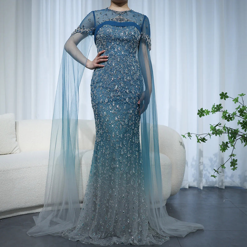 Luxury Turquoise Crystal Evening Dresses with Cape Sleeves SS206