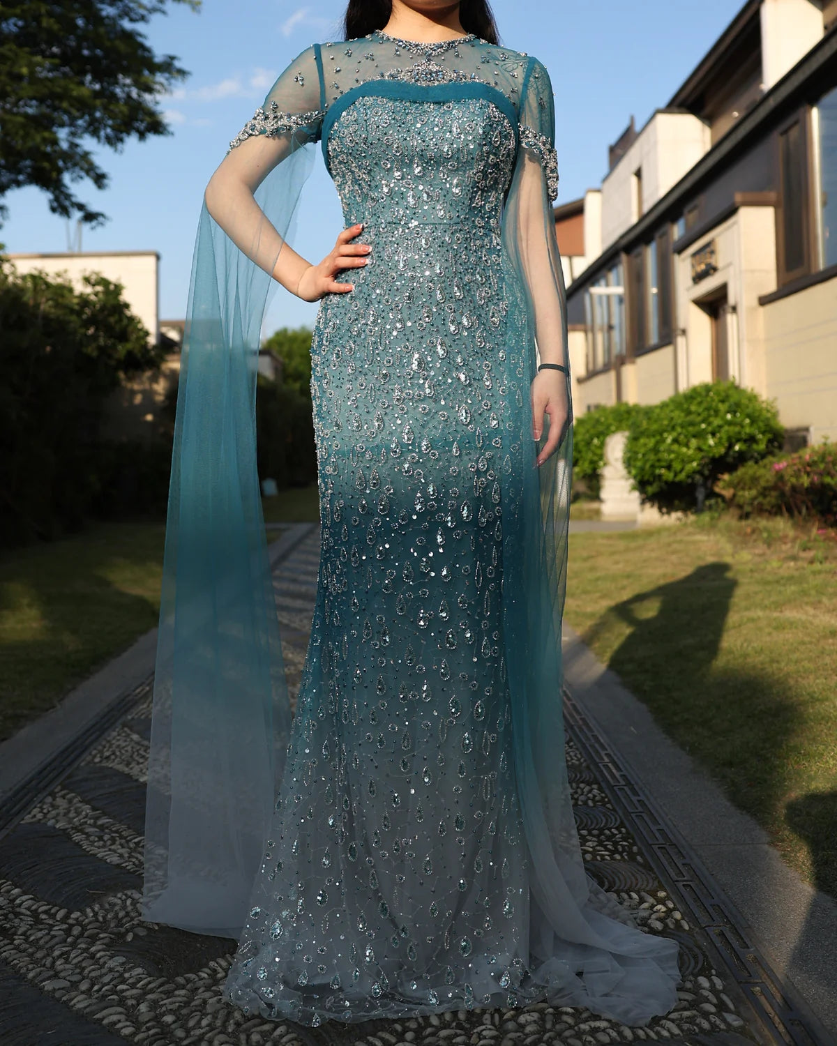 Luxury Turquoise Crystal Evening Dresses with Cape Sleeves SS206