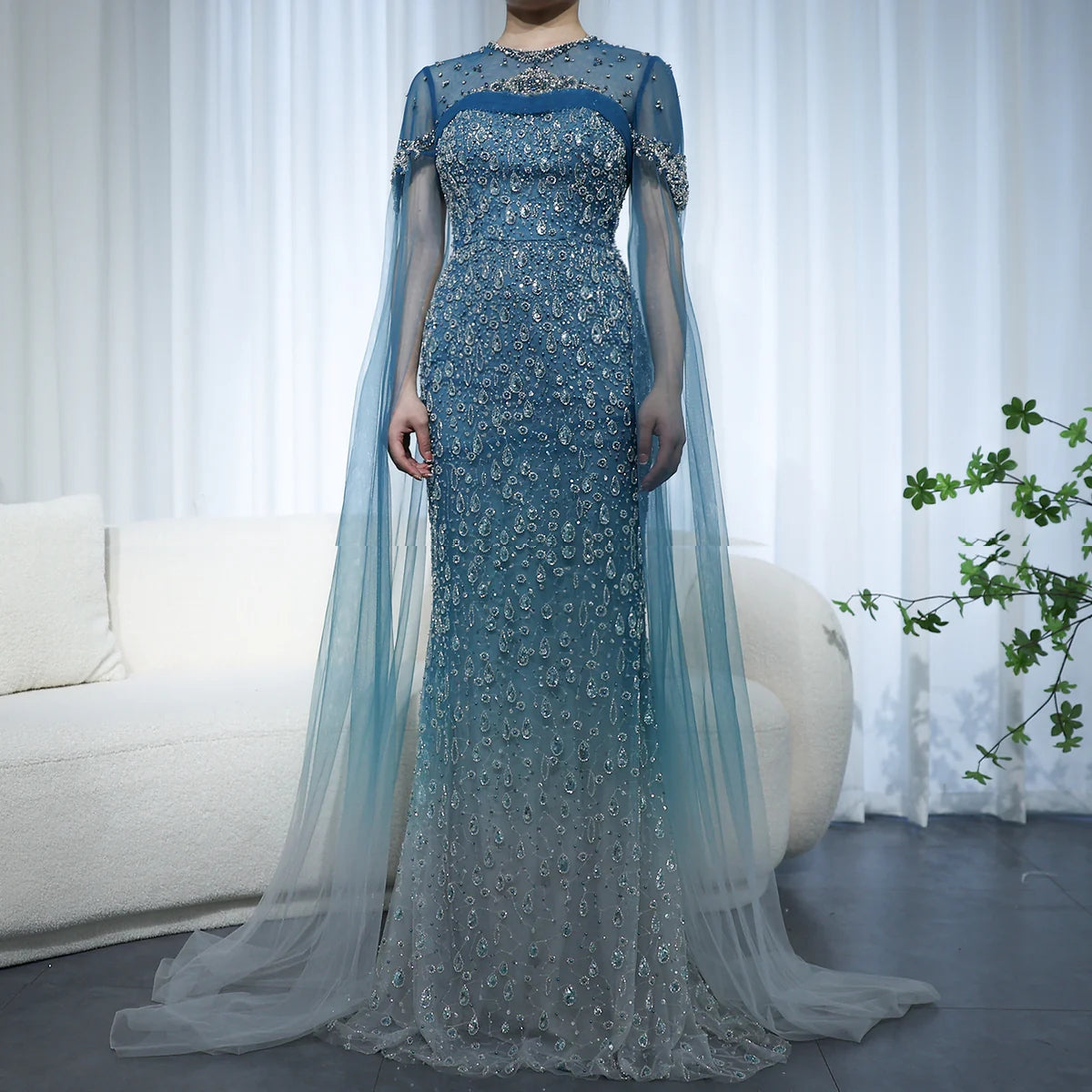 Luxury Turquoise Crystal Evening Dresses with Cape Sleeves SS206