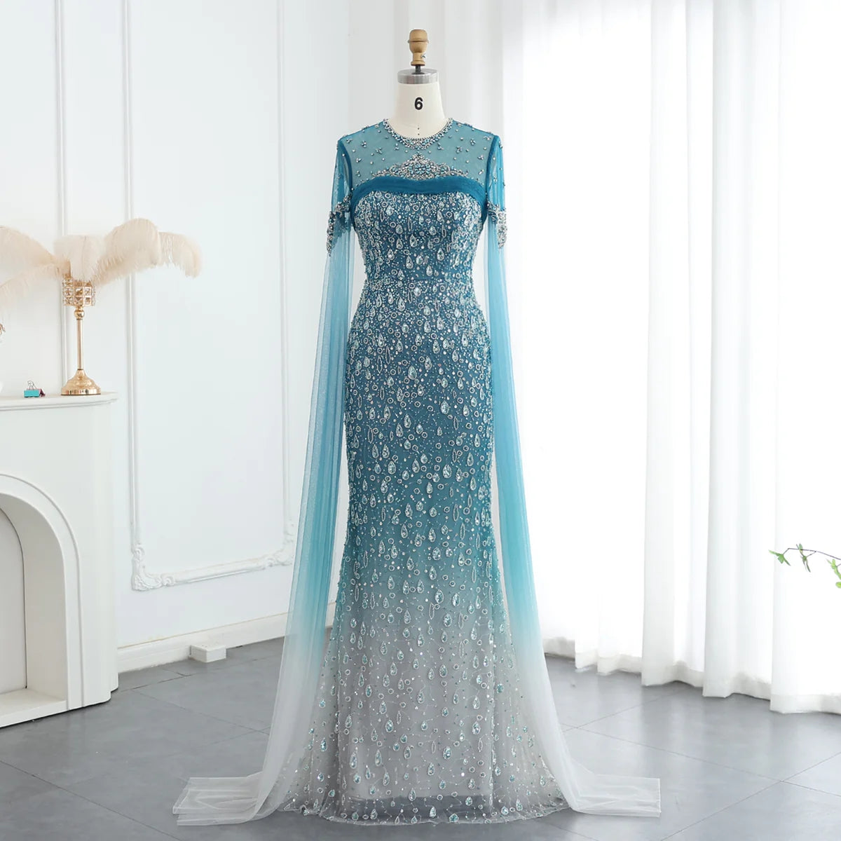 Luxury Turquoise Crystal Evening Dresses with Cape Sleeves SS206