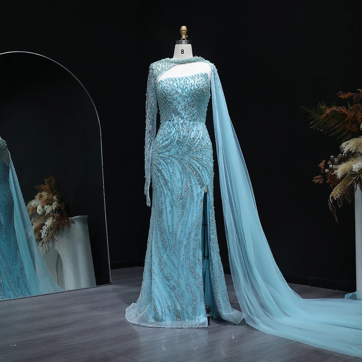 Luxury Turquoise Pearls Evening Dress with Cape Sleeves SS133