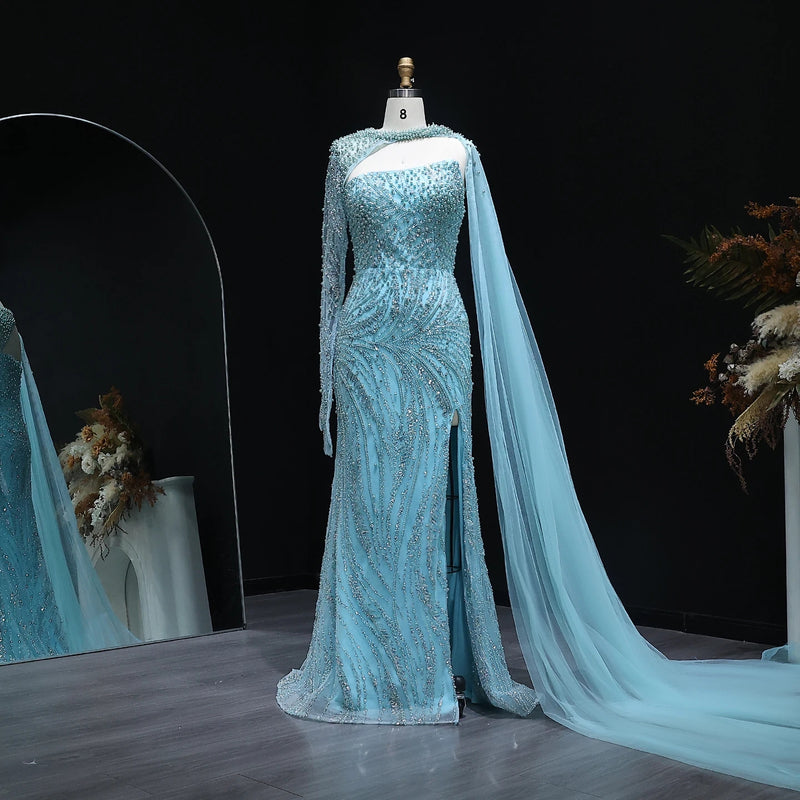 Luxury Turquoise Pearls Evening Dress with Cape Sleeves SS133