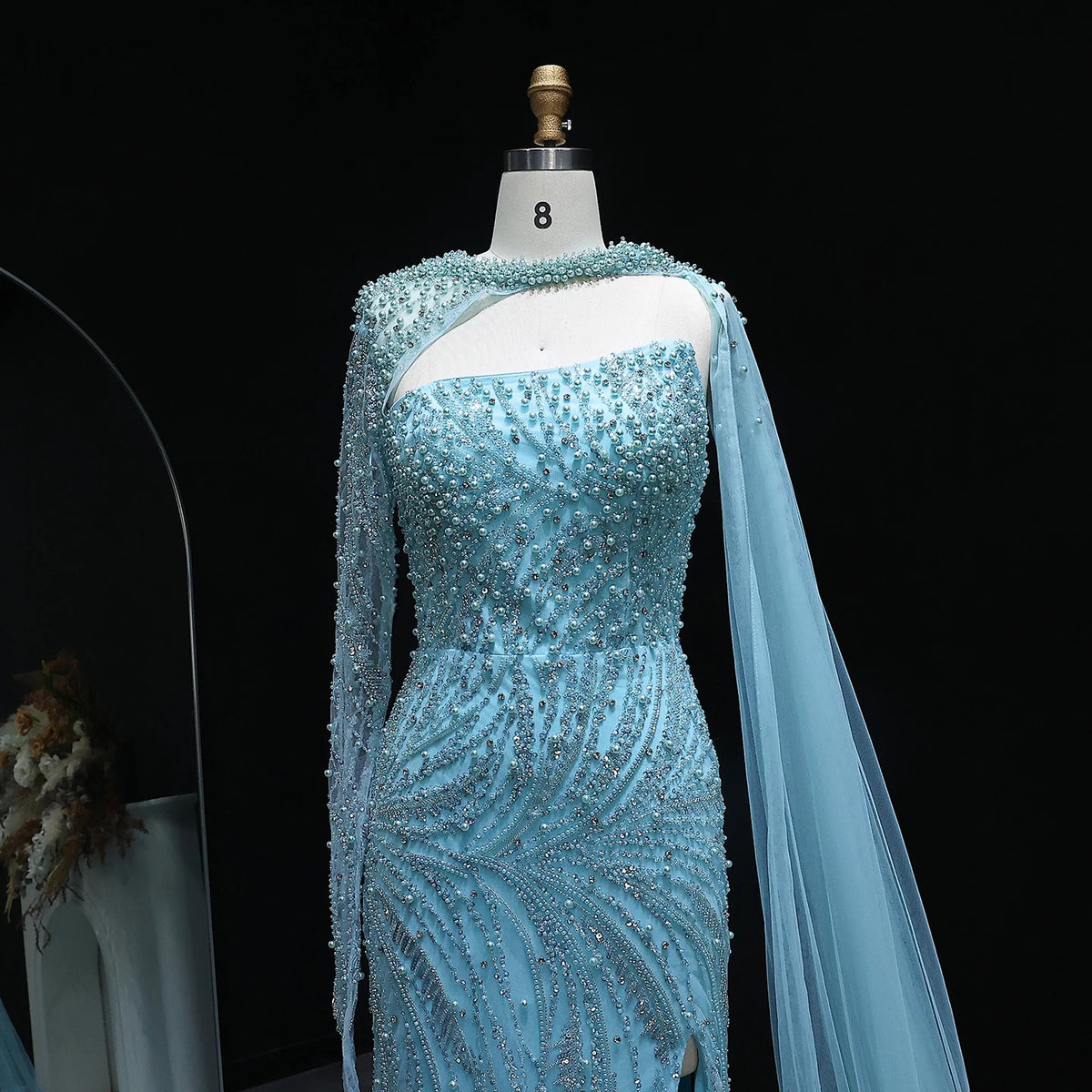 Luxury Turquoise Pearls Evening Dress with Cape Sleeves SS133