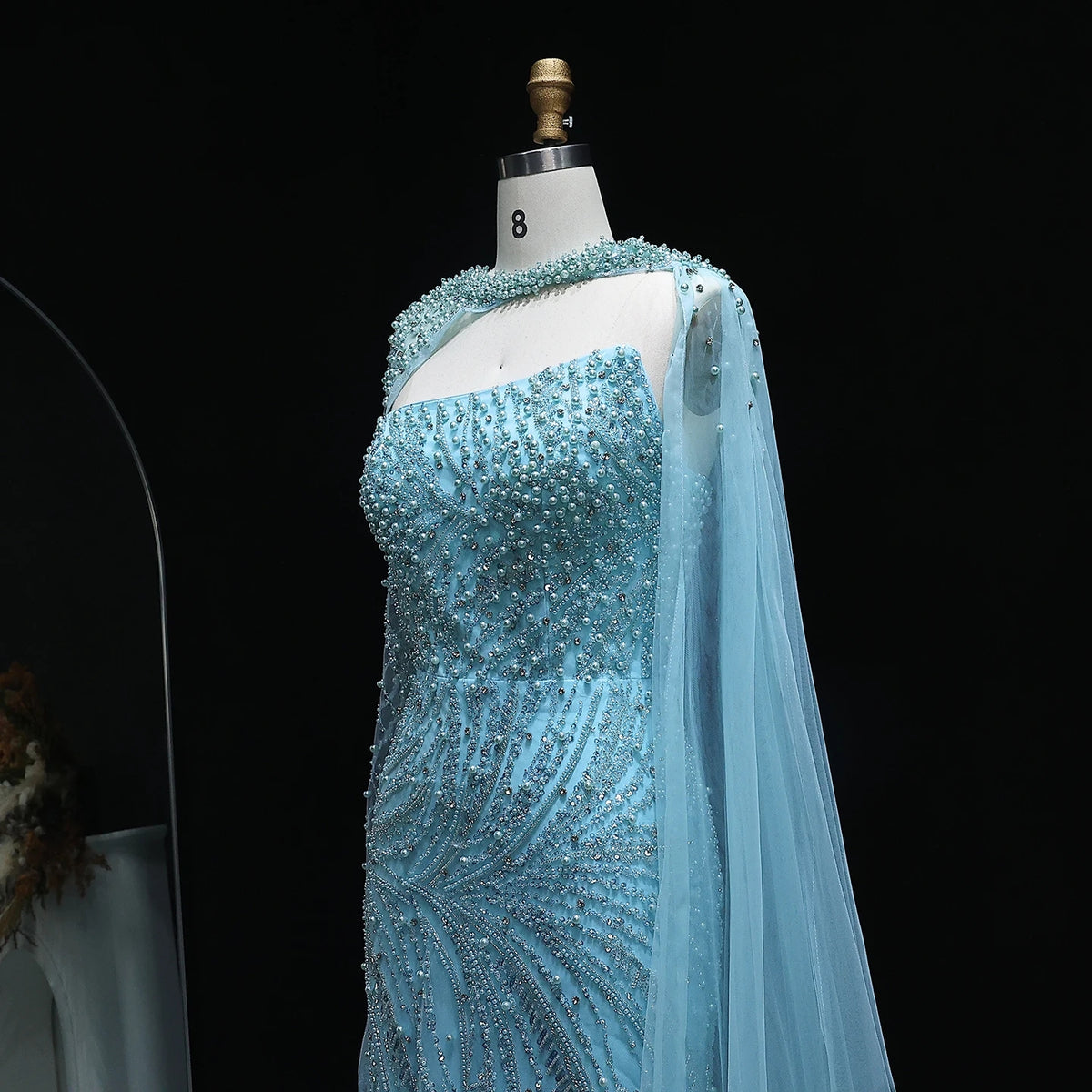 Luxury Turquoise Pearls Evening Dress with Cape Sleeves SS133