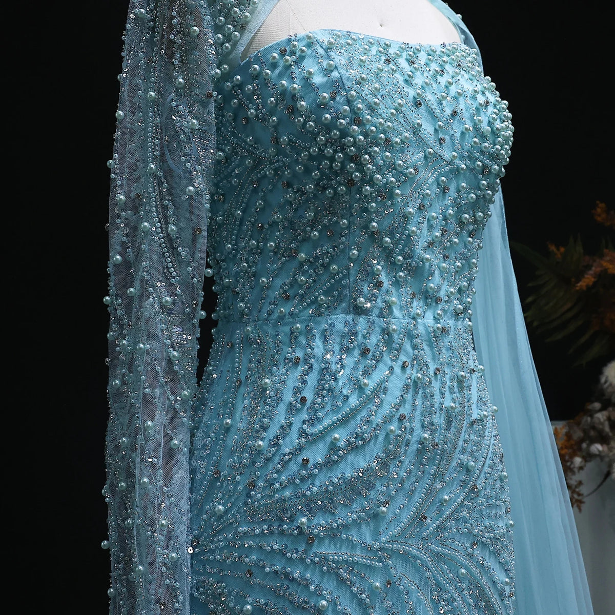 Luxury Turquoise Pearls Evening Dress with Cape Sleeves SS133