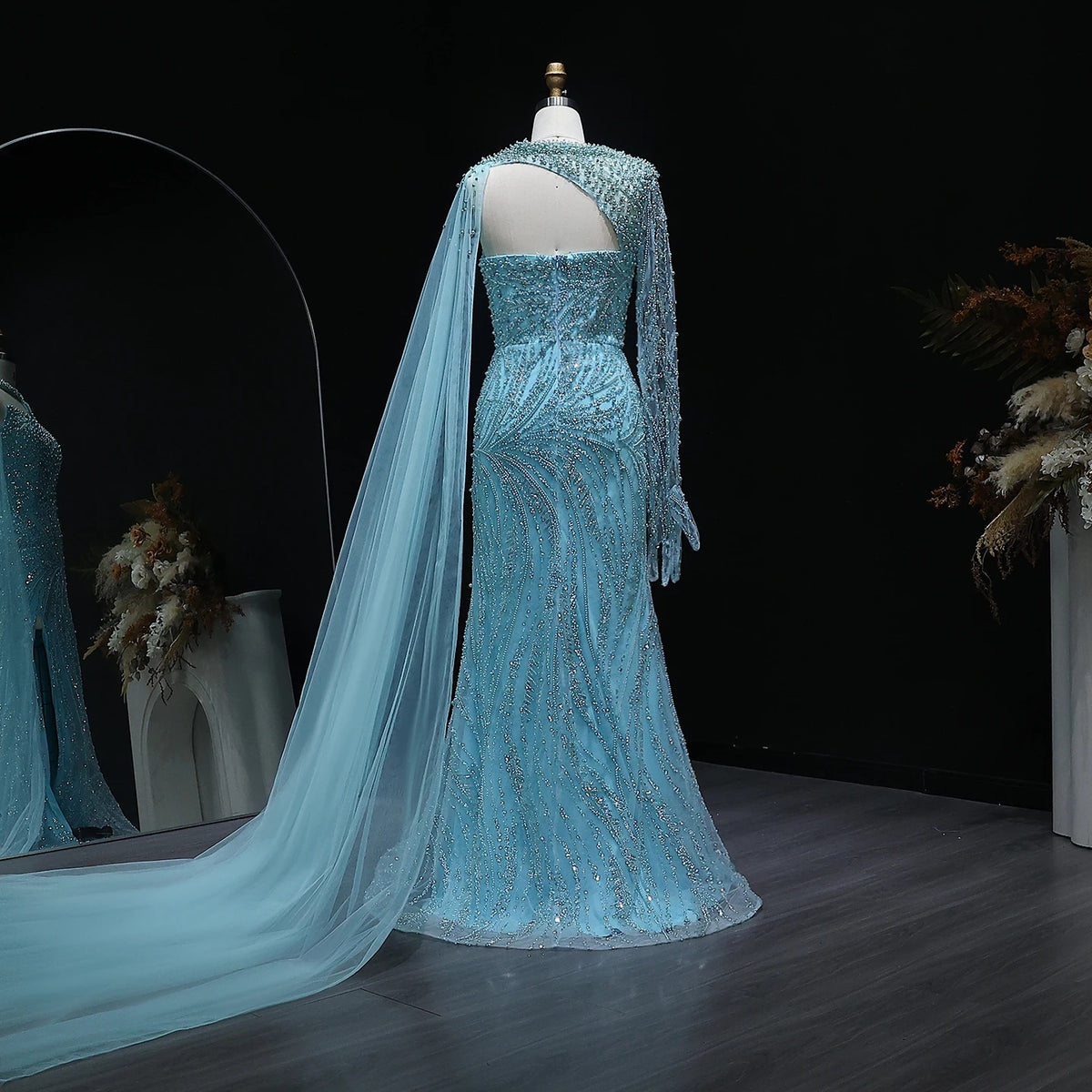 Luxury Turquoise Pearls Evening Dress with Cape Sleeves SS133