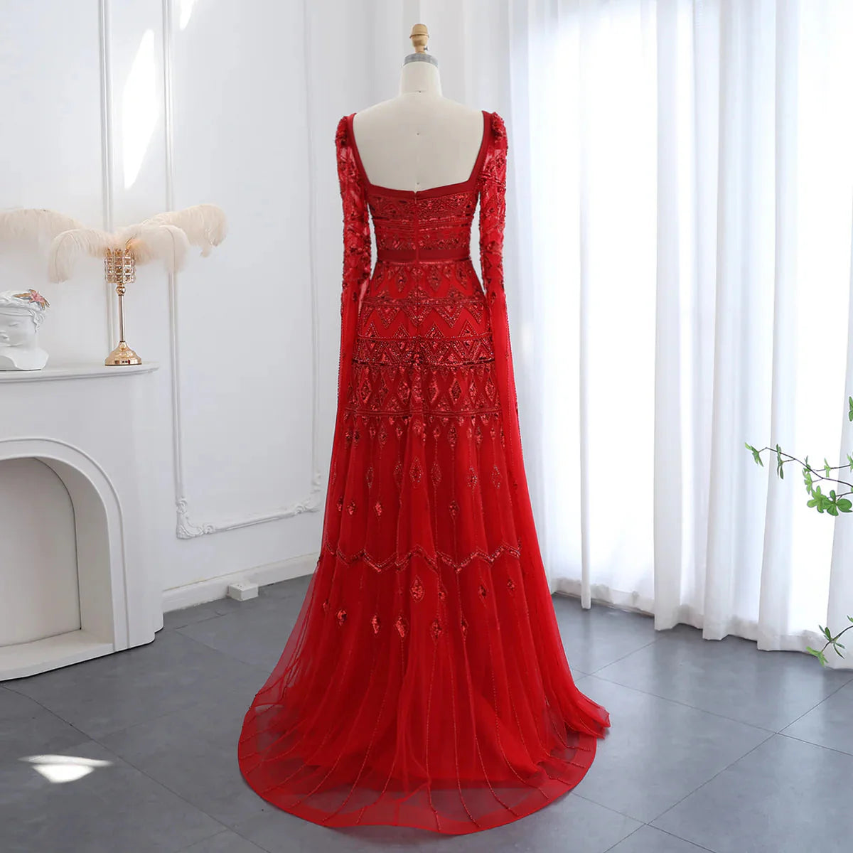 Luxury Wine Red Arabic Burgundy Evening Dress with Cape Sleeves 2024 Elegant Dubai Women Wedding Party Gowns SS461