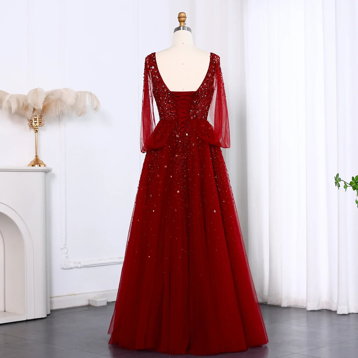 Luxury Wine Red Dubai Evening Dresses with Cape Sleeves SS583