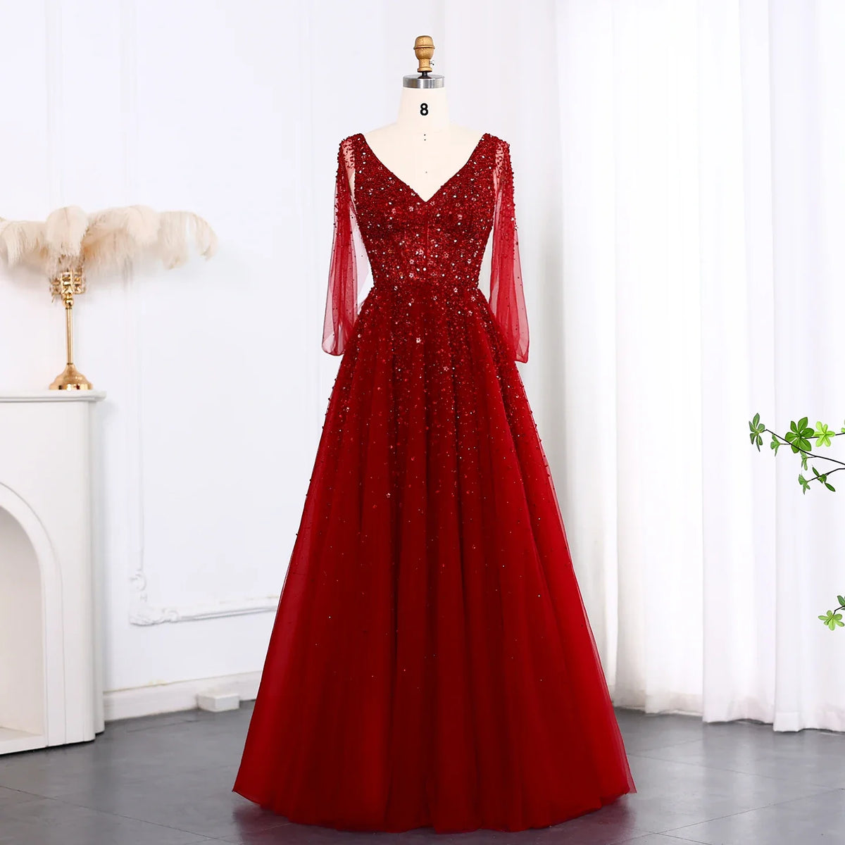 Luxury Wine Red Dubai Evening Dresses with Cape Sleeves SS583