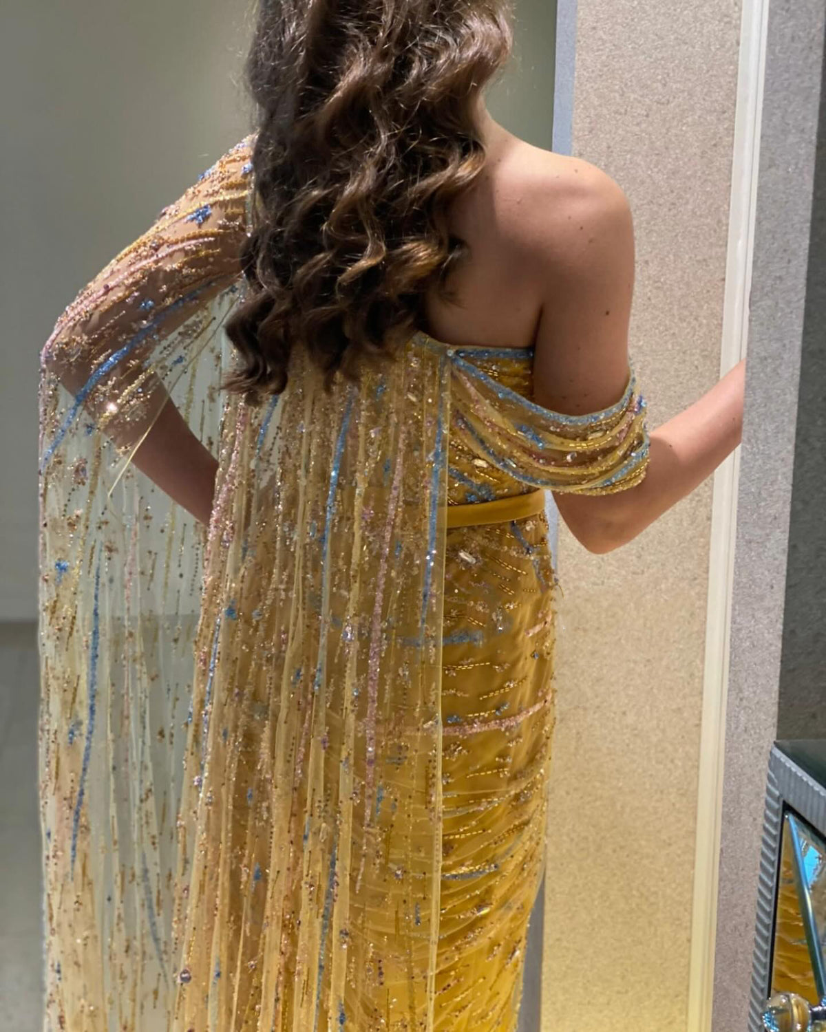 Luxury Yellow Beaded One Shoulder Yellow Evening Dress with Cape SS423