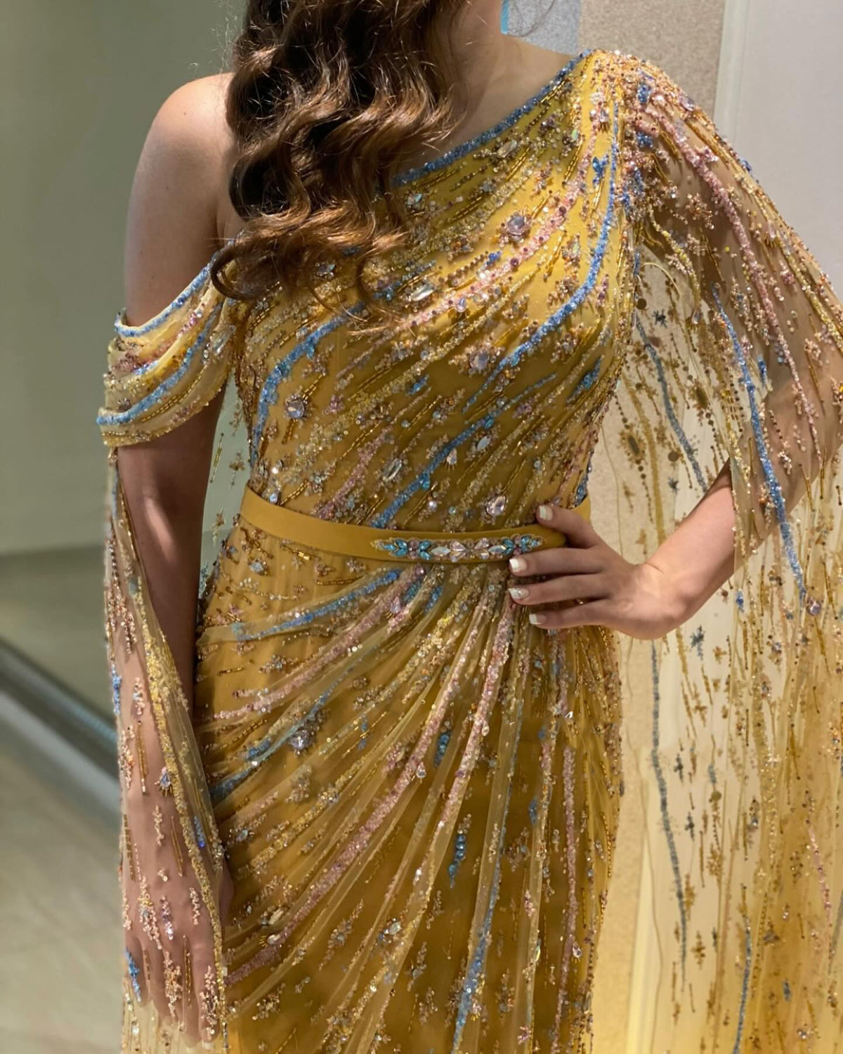Luxury Yellow Beaded One Shoulder Yellow Evening Dress with Cape SS423
